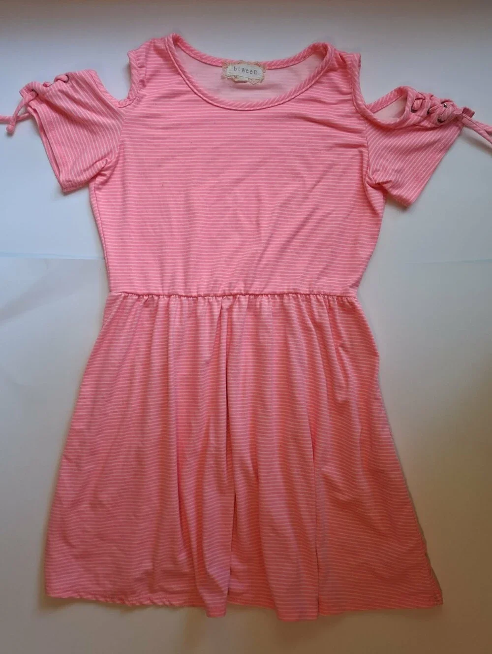 btween Girls' Pink Striped Cold-Shoulder Dress